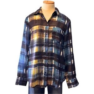 Trina Turk Multicolor Plaid Print Button-Down Long Sleeve Shirt, Medium